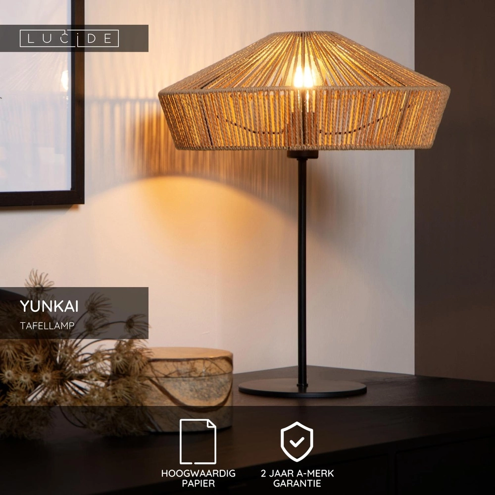 Tafellamp Yunkai Ø 40cm zwart met rotan Lucide 5411212105721