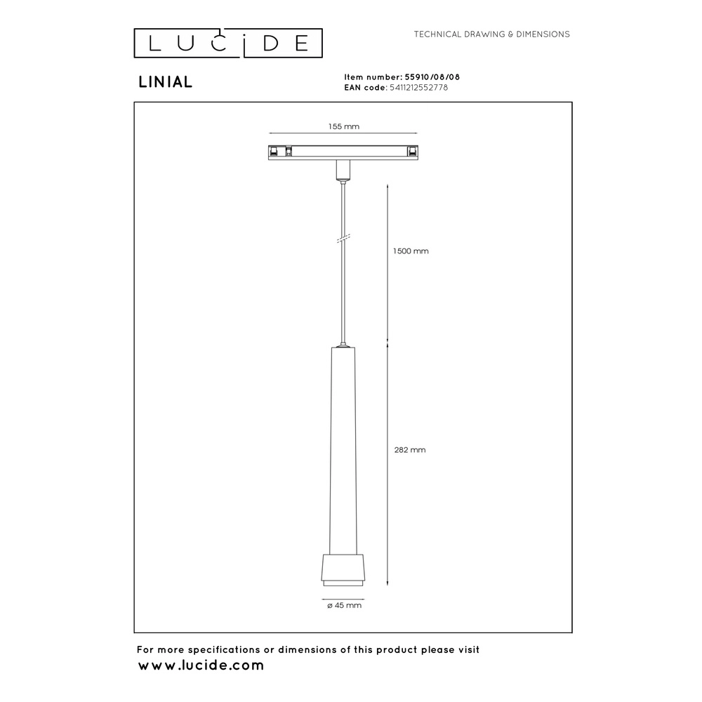 1-fase hanglamp voor rail Linial Tubiz mat zwart chroom Premium by Lucide 5411212552778