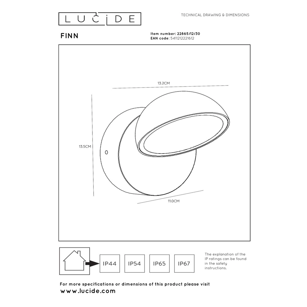 Design wandlamp Finn met sensor zwart Lucide 5411212221612