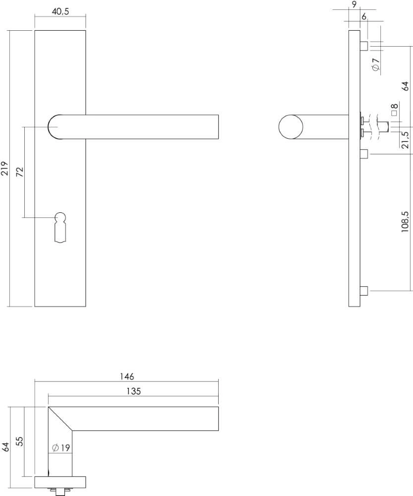 Deurklink Hoek 90 rechthoekig sleutel 72mm RVS Intersteel 8714186289693