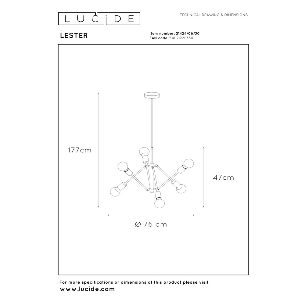 Hanglamp Lester zwart 6-lichts Lucide 5411212211330