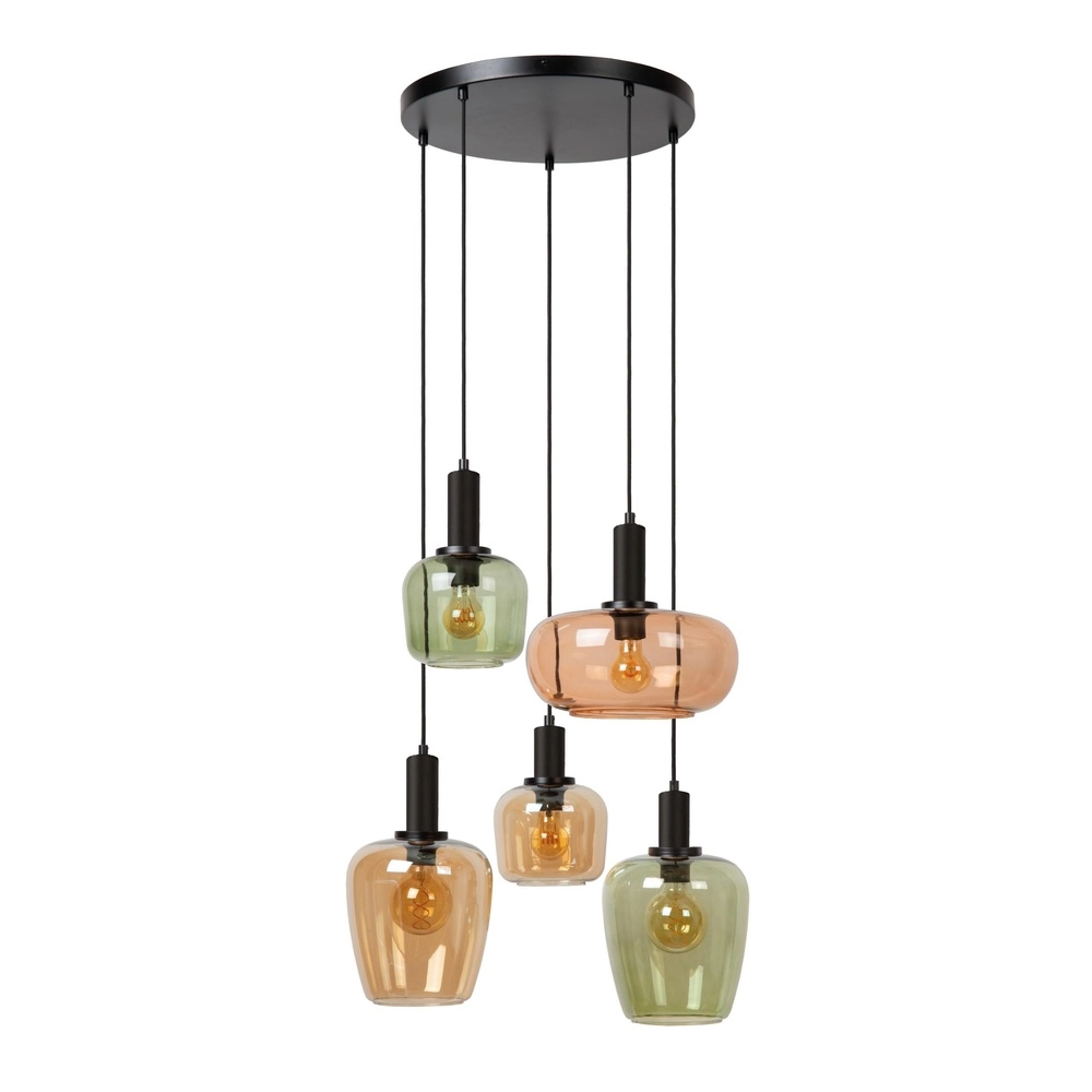 5-lichts hanglamp Ilona zwart met gekleurde glazen