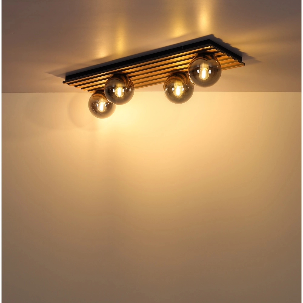 Plafondlamp Parsons 4-lichts zwart met hout Globo 9007371583003