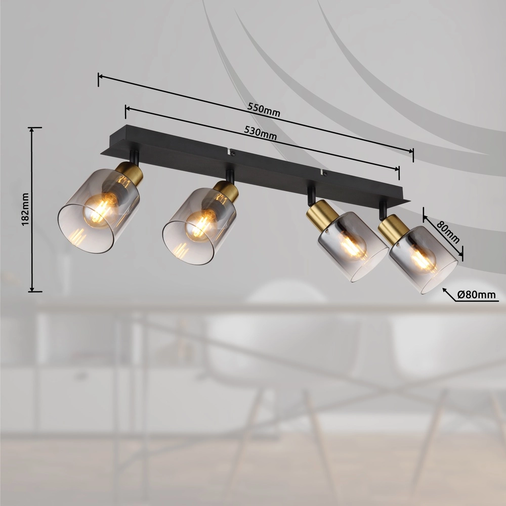 4-lichts plafondlamp Hollsy zwart met smoke glas Globo 9007371451852