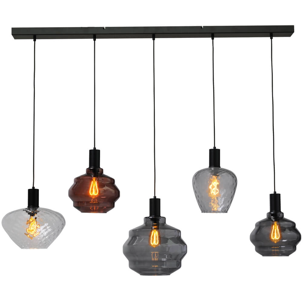 5-lichts hanglamp - zwart - Porto met verschillende glazen