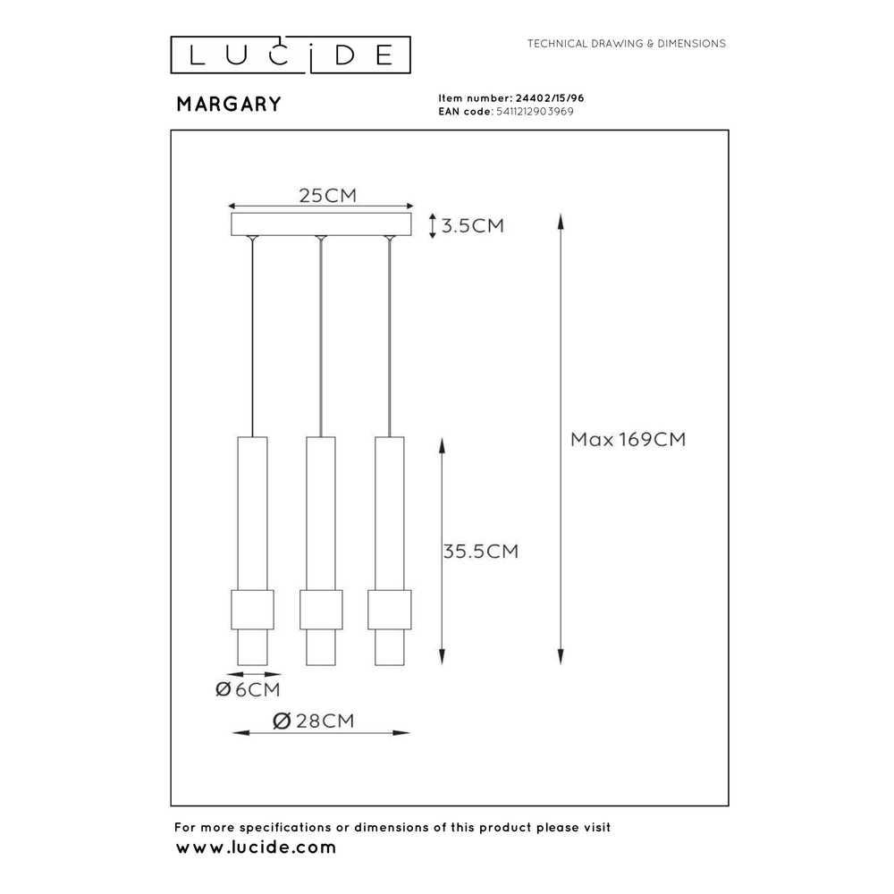 Strakke hanglamp Margary 3-lichts koffie bruin Lucide 5411212903969