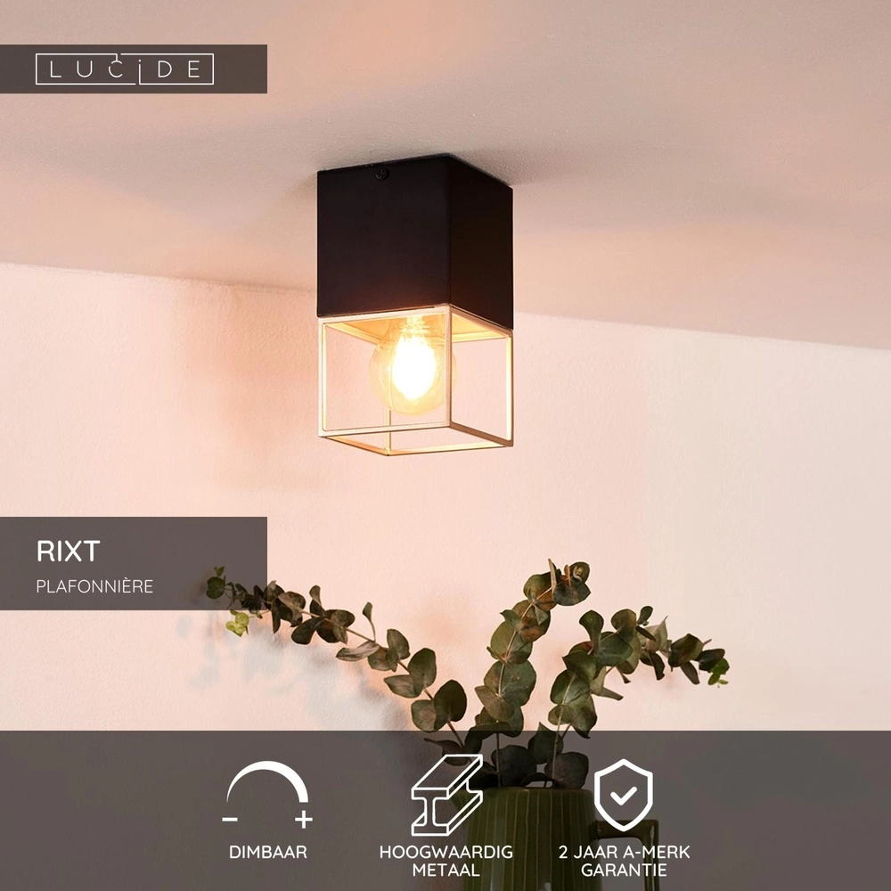Strakke plafondlamp Rixt enkel zwart met goud Lucide 5411212211040