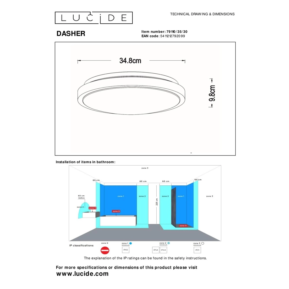 Zwarte plafonniere Dasher Ø 34,8cm IP44 voor badkamer Lucide 5411212792099