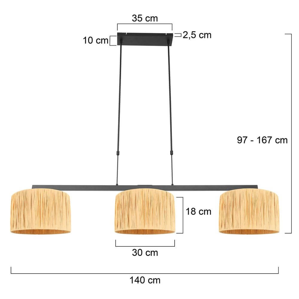3-lichts hanglamp Stang zwart met strokleur kappen Steinhauer 8712746172430