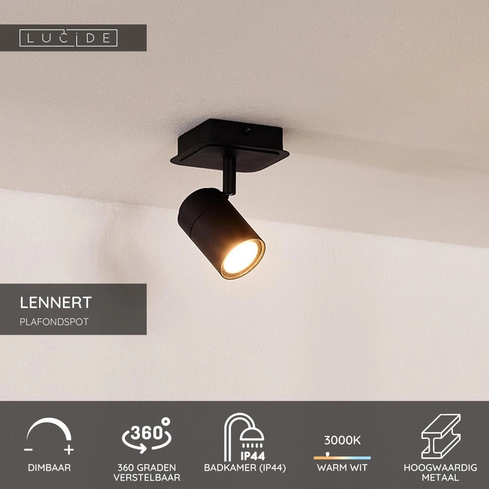 Plafondspot Lennert zwart IP44 Lucide 5411212262677