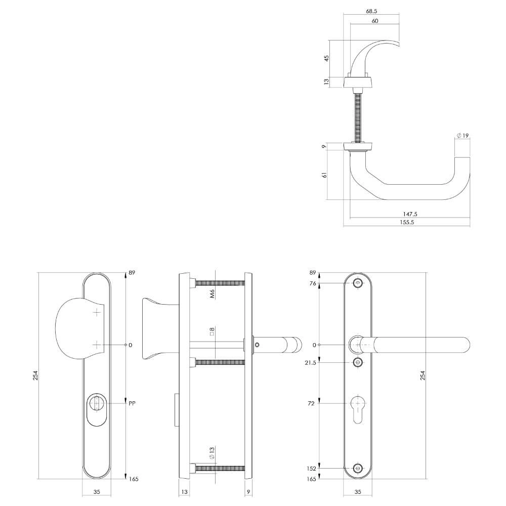 Voordeurbeslag Vurano kerntrekbeveiliging smal met knop PC 72mm RVS Intersteel 8714186395370