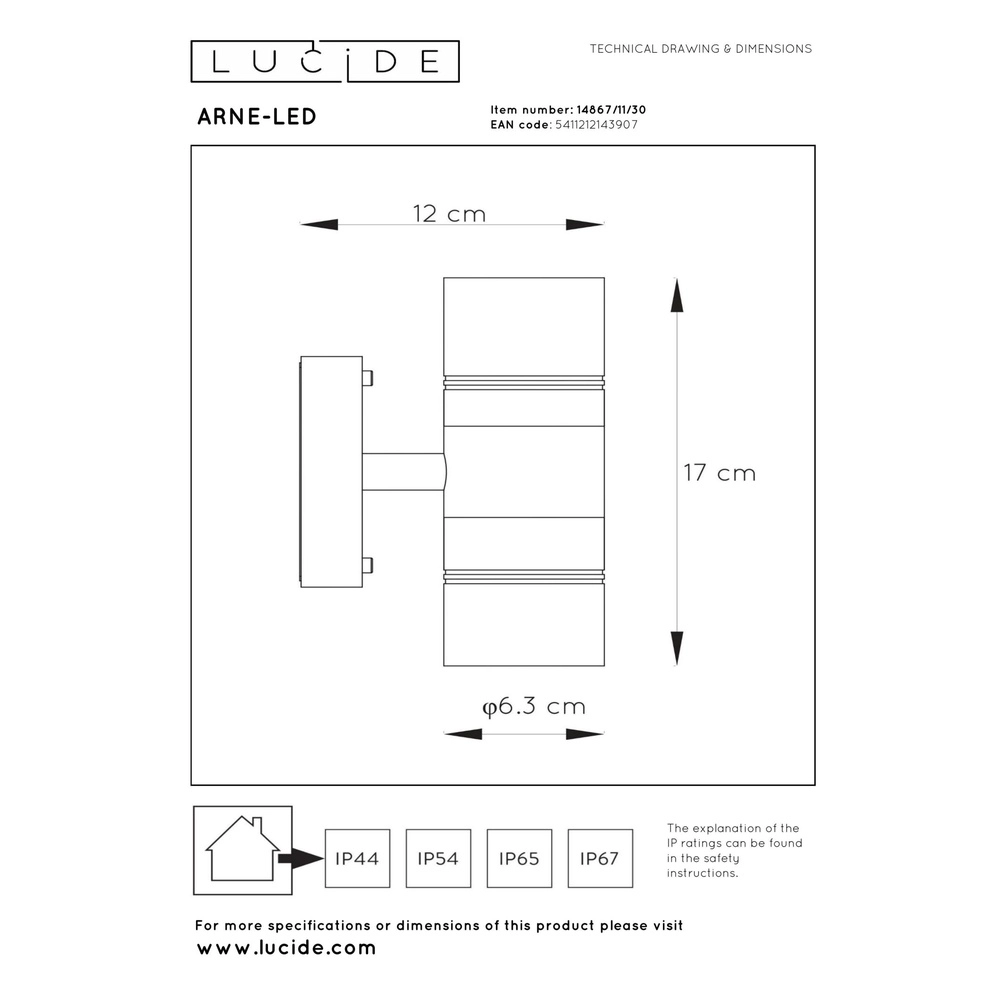 Wandspot Arne-Led up en down zwart Lucide 5411212143907