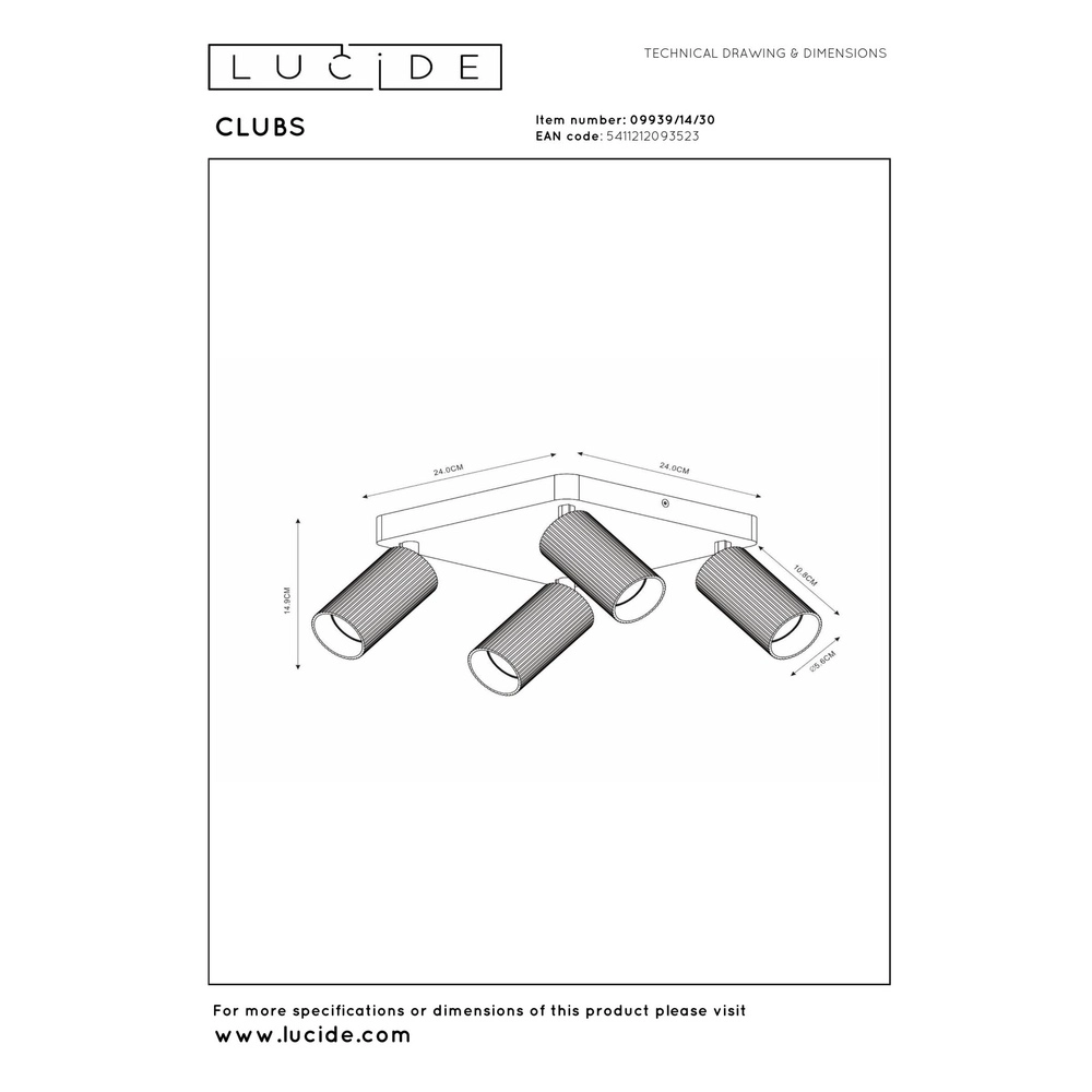 Opbouw plafondspot Clubs 4-lichts zwart Lucide 5411212093523
