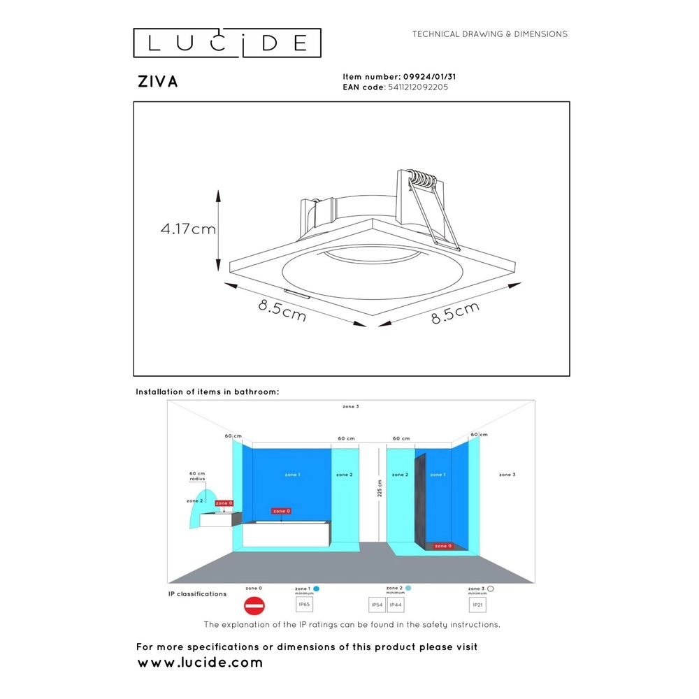 Inbouwspot Ziva IP44 wit Lucide 5411212092205