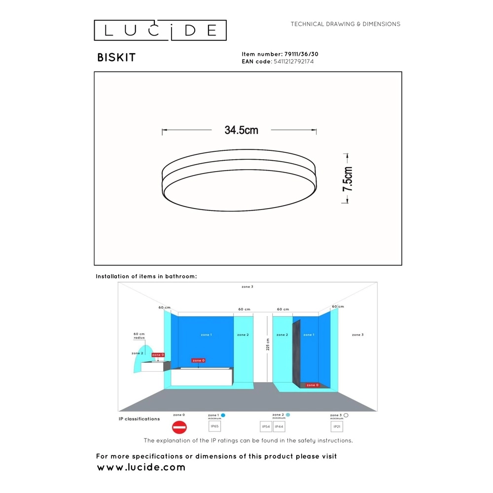 Plafonniere Biskit Ø 34,5cm - IP44 zwart Lucide 5411212792174