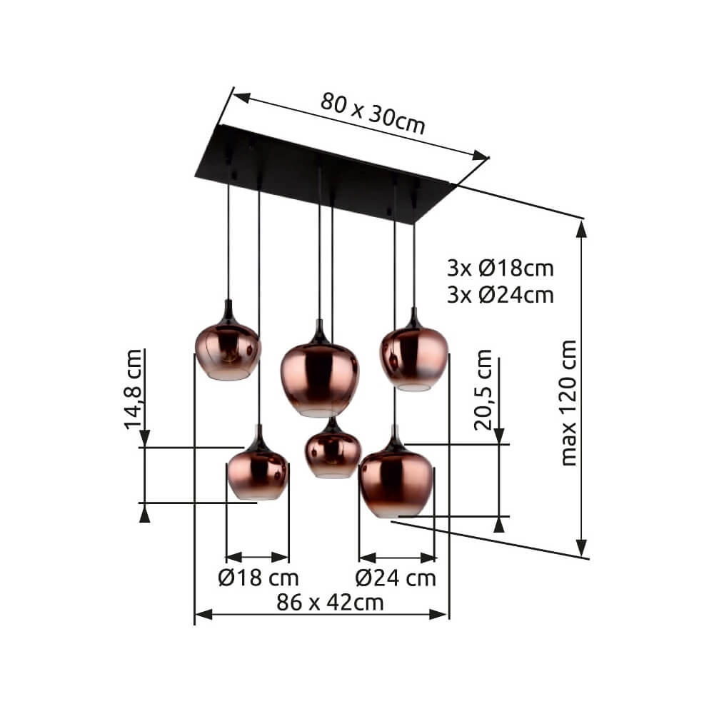 Zwarte hanglamp Maxy met rood glas 6-lichts Globo 9007371450985
