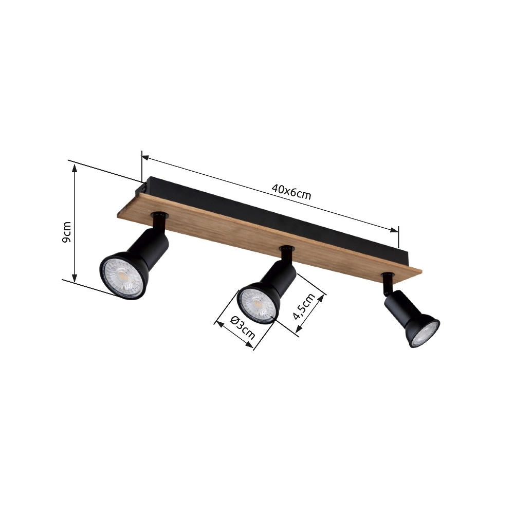 Plafondspot Drew zwart met hout 3-lichts Globo 9007371433780