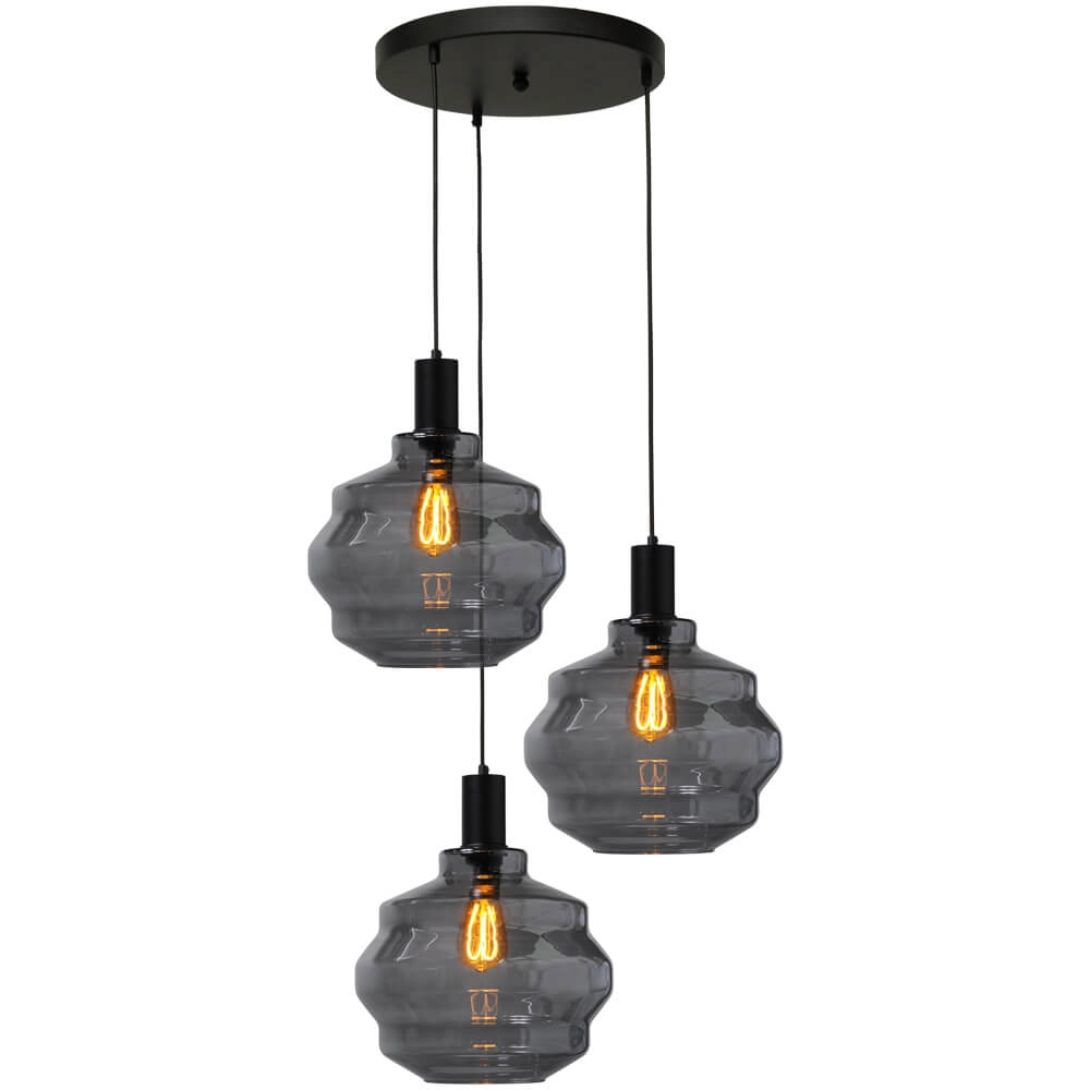 3-lichts vide hanglamp - zwart - Porto met Ball smoke glazen - Ø 30cm