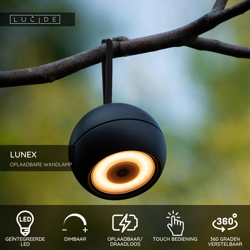 Oplaadbare wandlamp Lunex zwart magnetisch Lucide 5411212272409