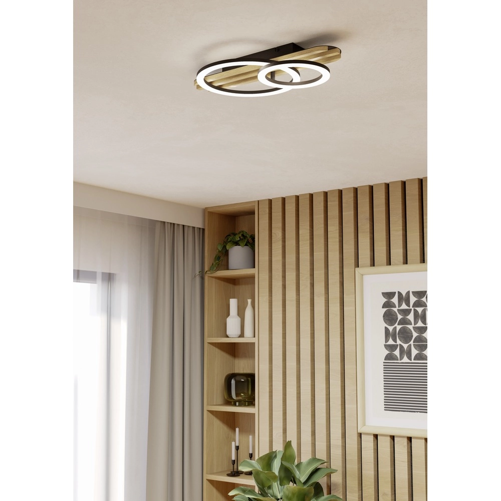 Moderne plafondlamp Cembrano zwart met hout 50cm Eglo 9008606388165