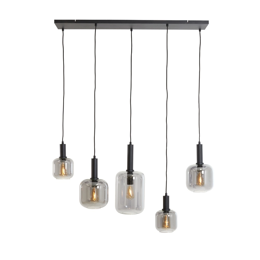 Eettafel hanglamp Lekar 5x E27 - zwart met smoke glas Light & Living 8717807638351
