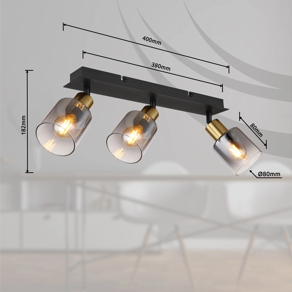 3-lichts plafondlamp Hollsy zwart met smoke glas Globo 9007371448852