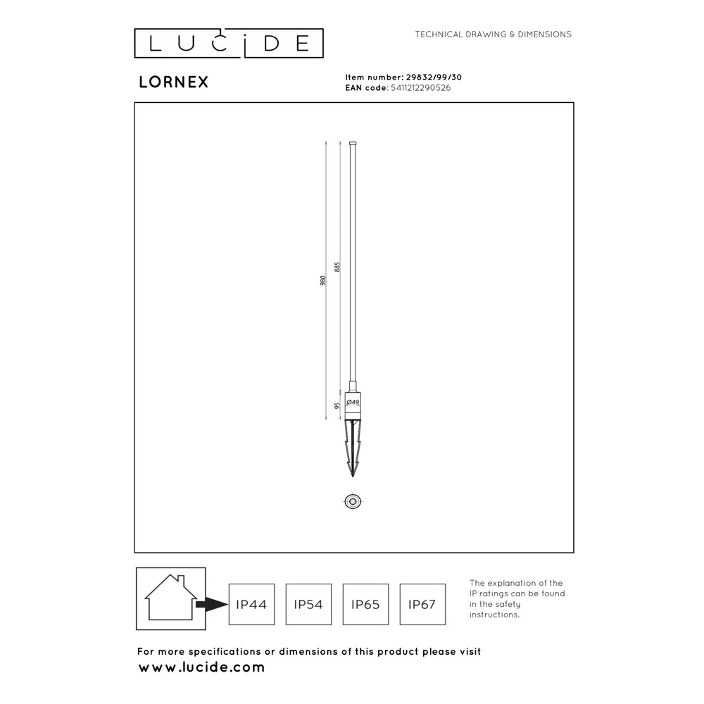 Strakke tuinlamp Lornex IP54 zwart 98cm Lucide 5411212290526