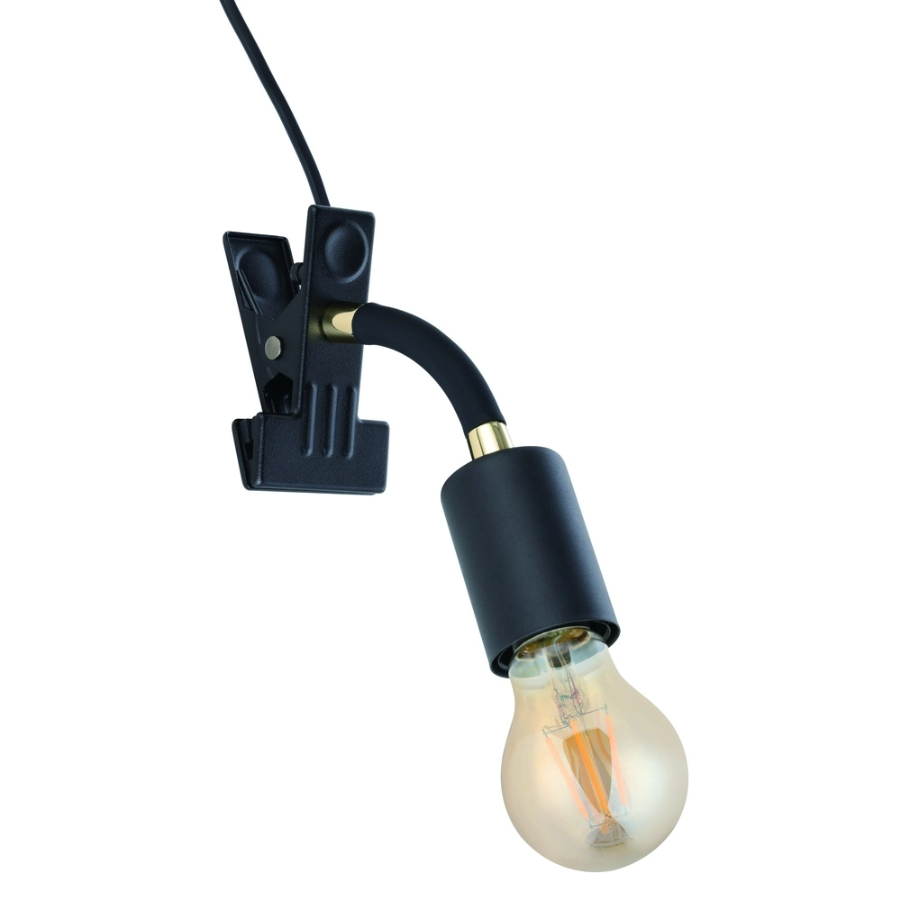 Klemspot Parrini schakelaar - zwart/messing - 1x E27