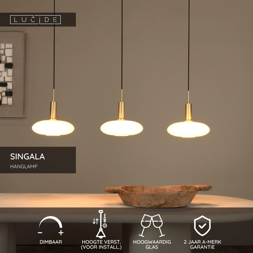 Design hanglamp Singala 3-lichts recht goud met wit Lucide 5411212251091