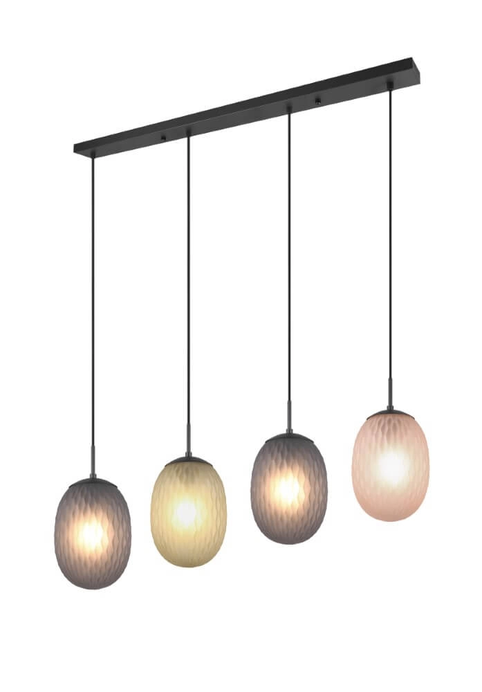 4-lichts hanglamp Facette met geribbeld gekleurd glas