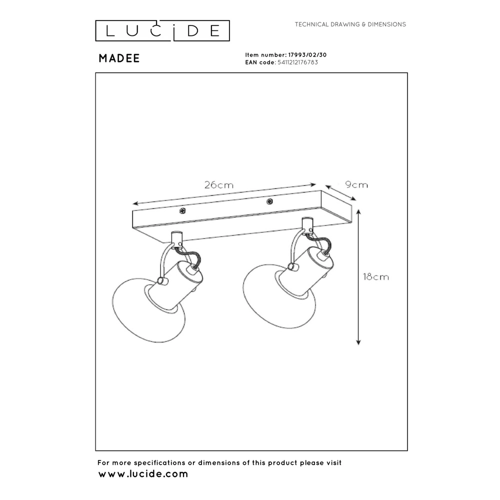 Plafondlamp Madee 2-lichts zwart Lucide 5411212176783