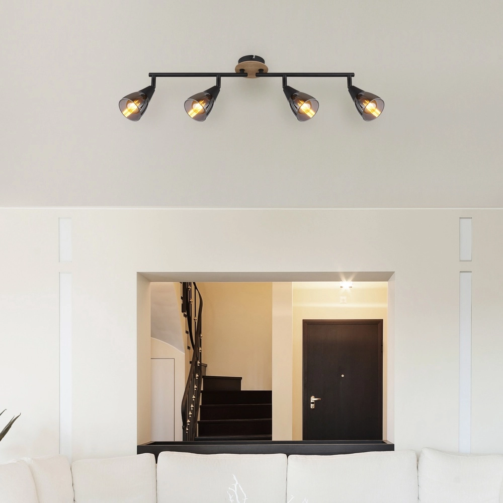 4-lichts plafondlamp Mubby zwart met houtlook Globo 9007371451869