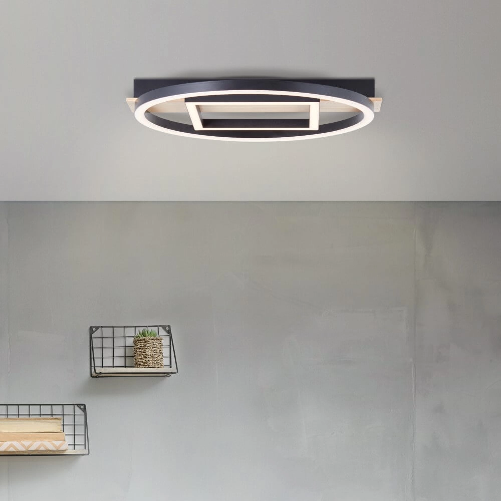Plafondlamp Maureen Ø 37cm met vierkantje zwart met hout Brilliant 4004353420092