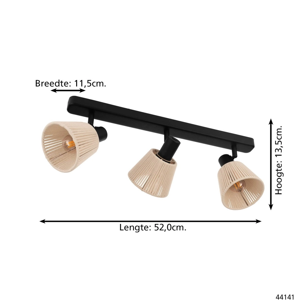 Plafondlamp Seagard zwart met rotan 3-lichts Eglo 9008606359844