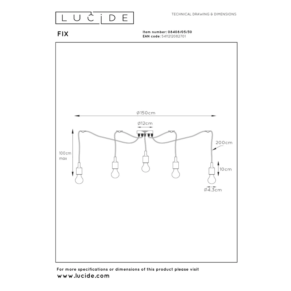 5-lichts hanglamp zwart Fix geschikt voor vide Lucide 5411212082701