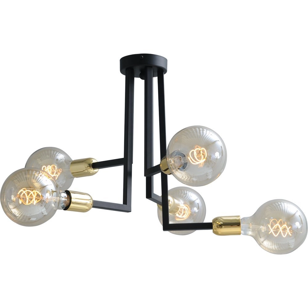Zwarte plafondlamp Tube 5-lichts met gouden fittingen