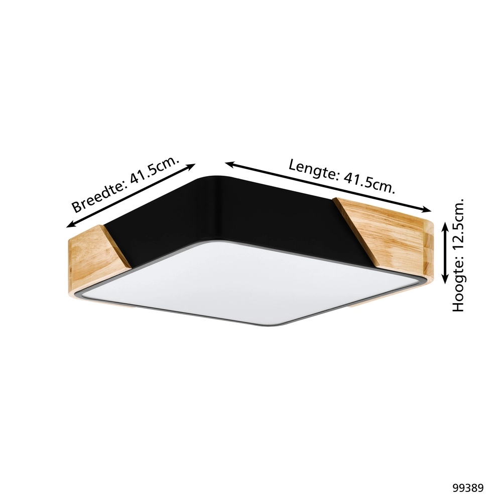 Moderne plafonniere Grimaldino zwart met hout vierkant Eglo 9002759993894