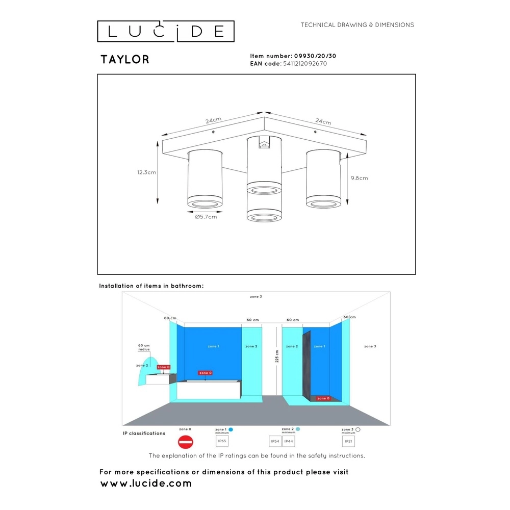 Plafondspot Taylor IP44 4-lichts zwart Lucide 5411212092670