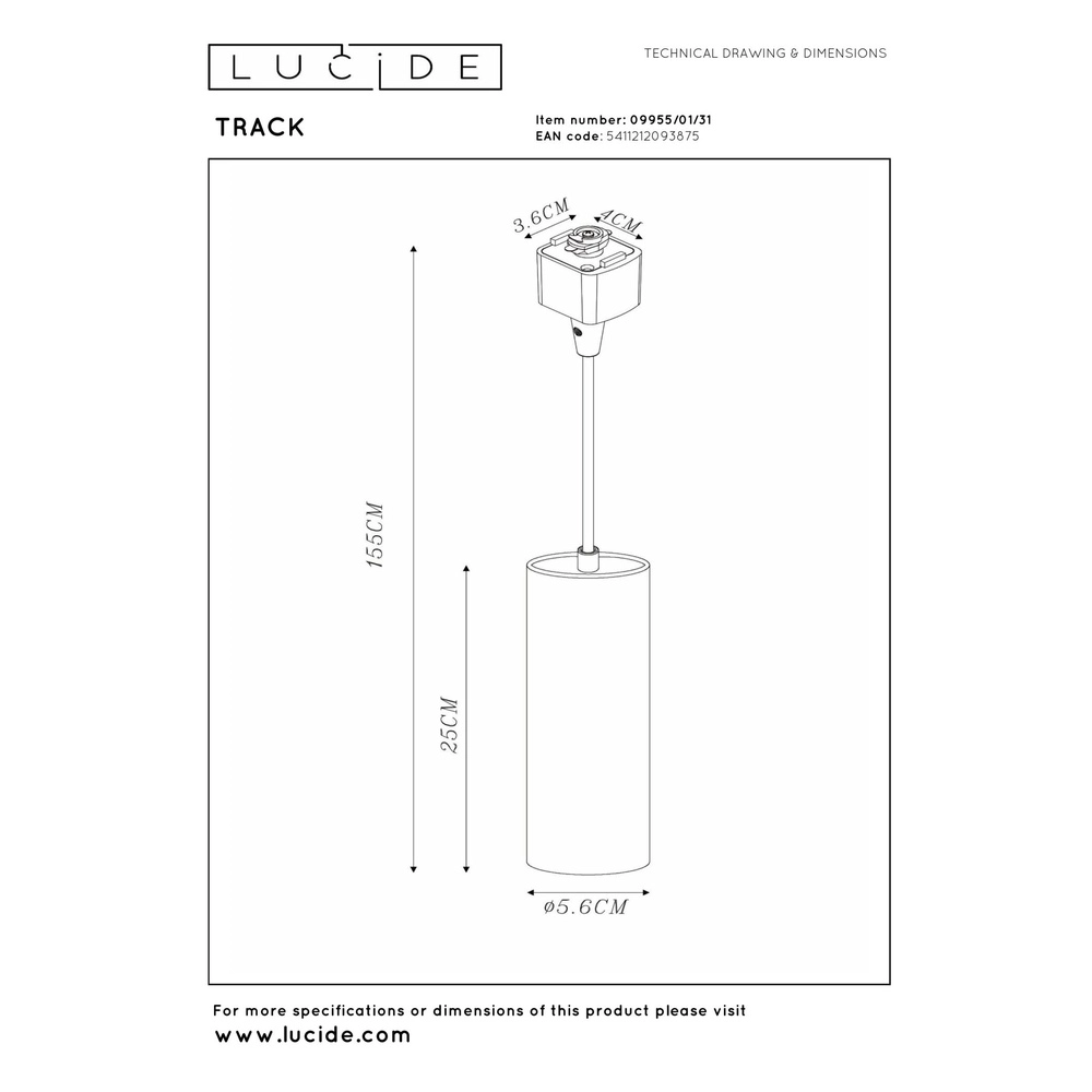 Rail hanglamp Track Floris 1-fase wit Lucide 5411212093875
