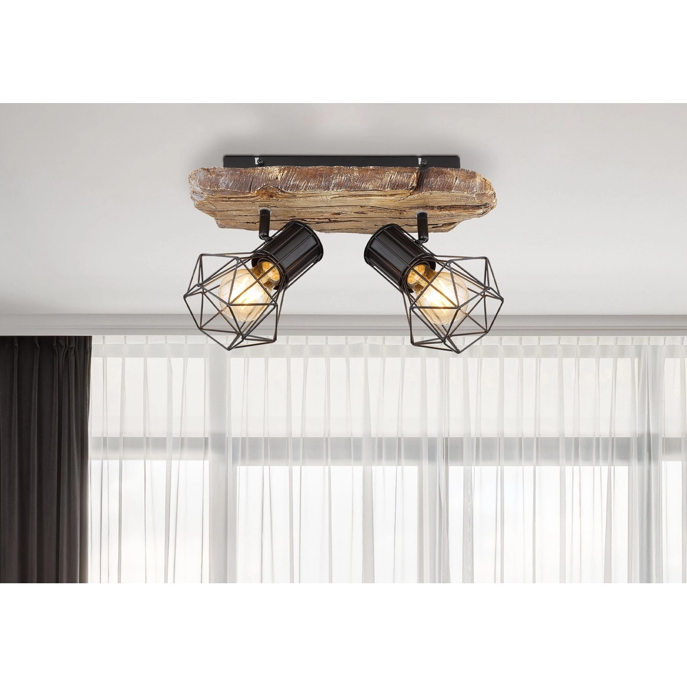 Plafondlamp Priska 2-lichts zwart met hout Globo 9007371442362