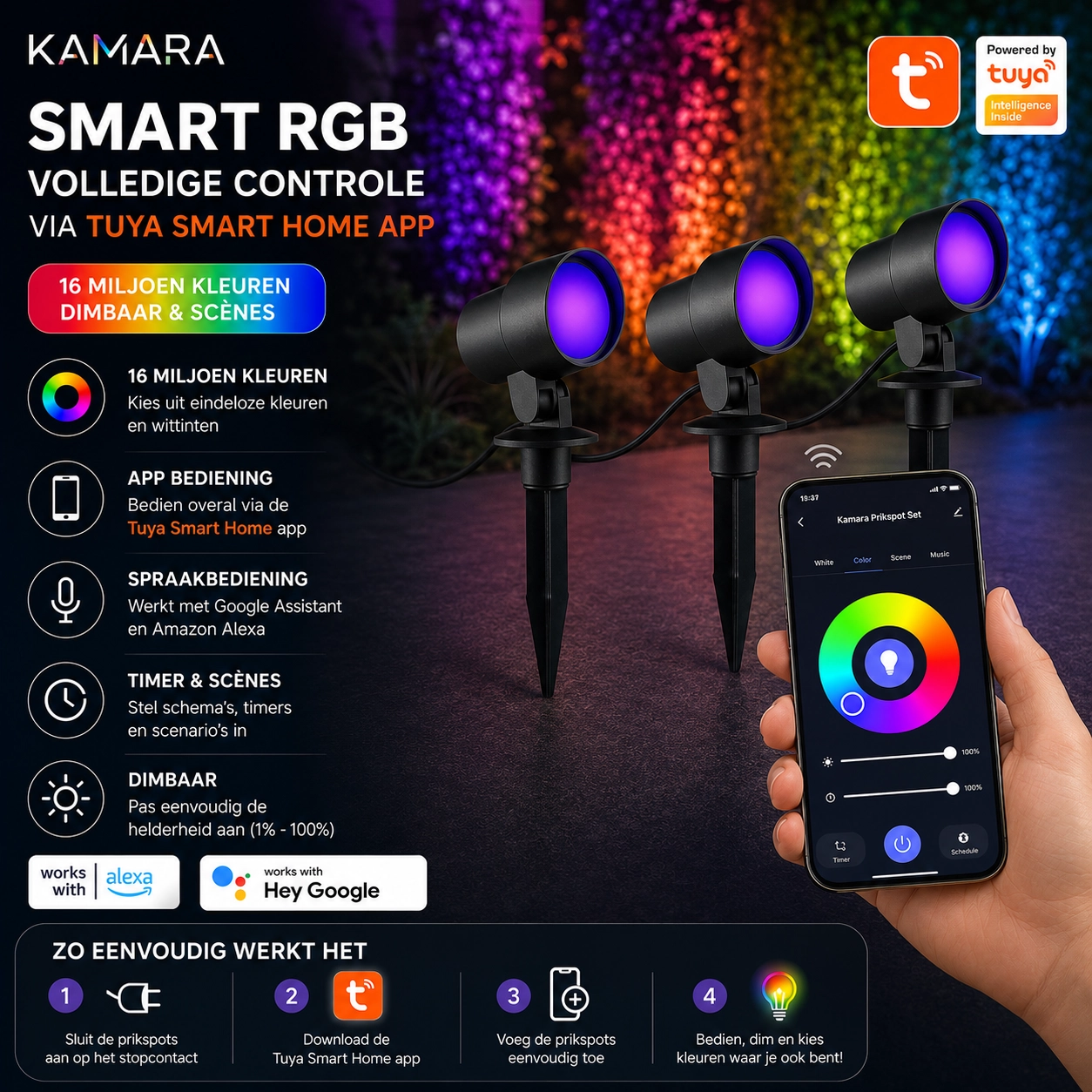 Smart prikspot set Kamara RGB - 3 stuks - met 3 meter snoer en stekker Brilliant 4004353453717