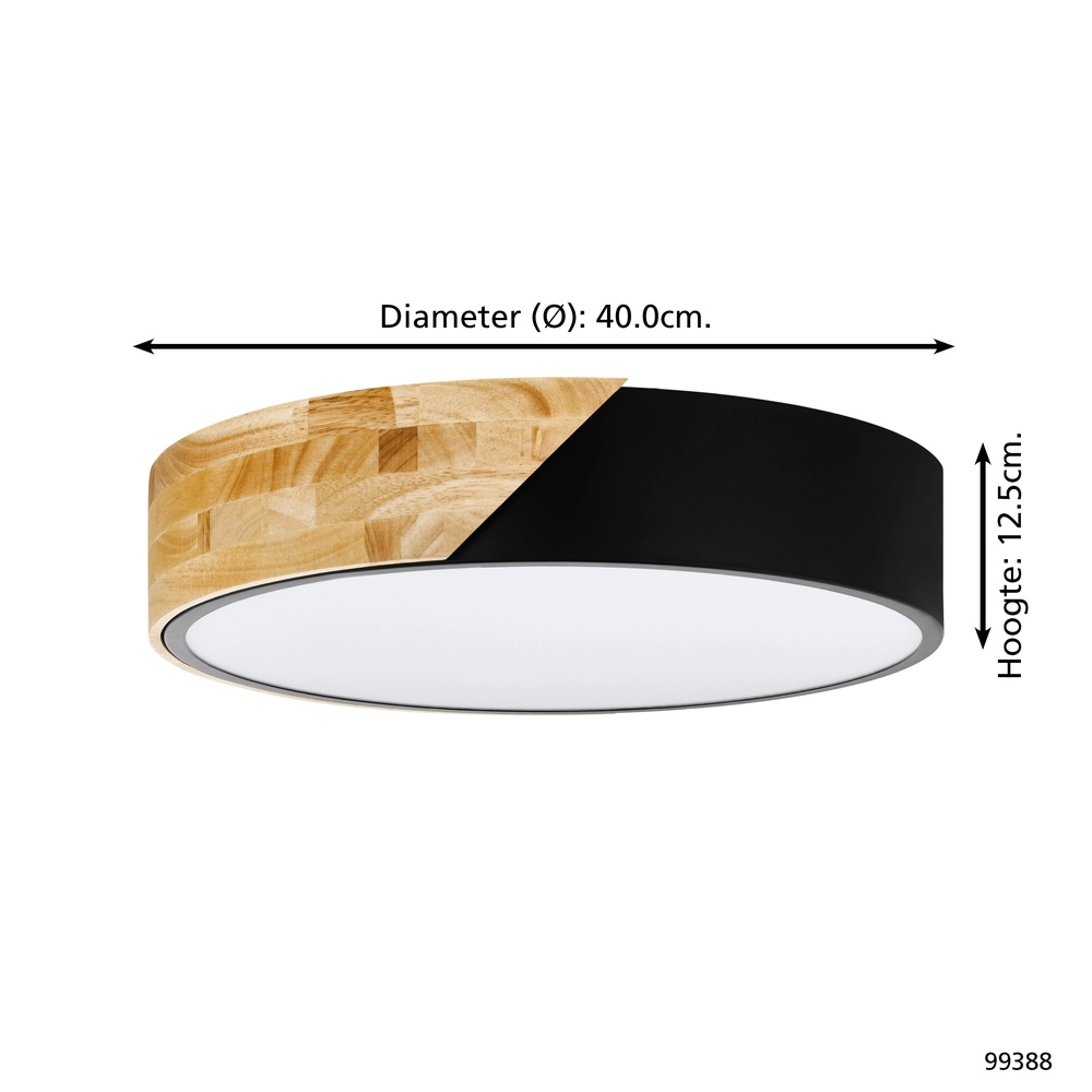 Moderne plafonniere Grimaldino zwart met hout rond Eglo 9002759993887