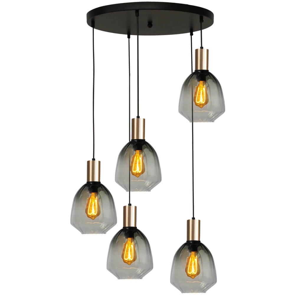 5-lichts vide hanglamp - goud - Porto met Nicolette green glazen