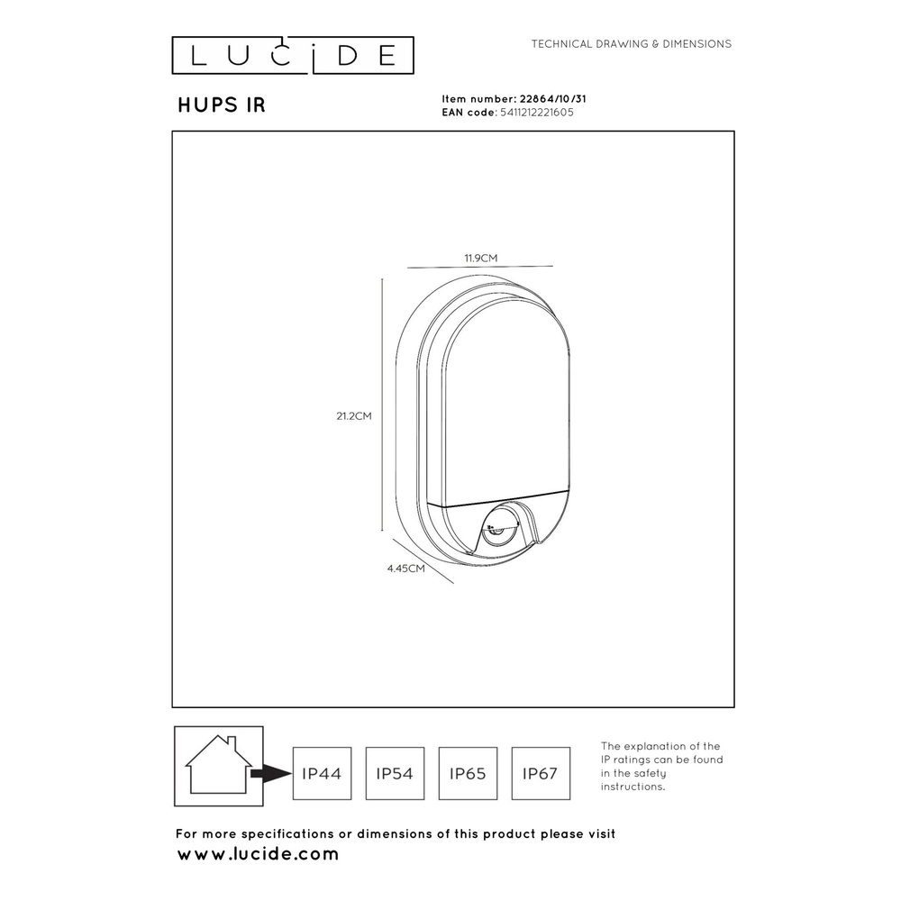 Ovale wandlamp Hups Ir wit met sensor Lucide 5411212221605