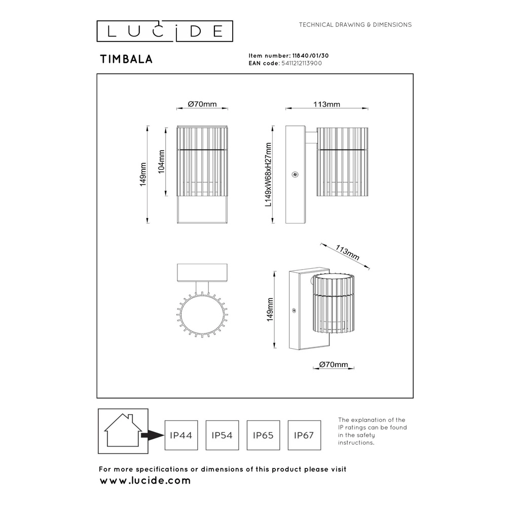 Zwarte wandlamp Timbala enkel Lucide 5411212113900