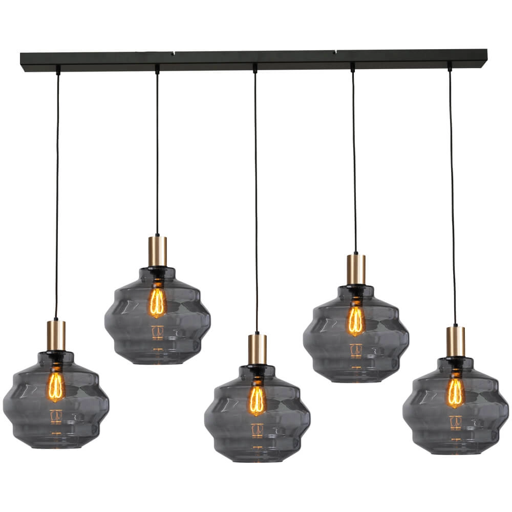 5-lichts hanglamp - goud - Porto met Ball smoke glazen - Ø 30cm