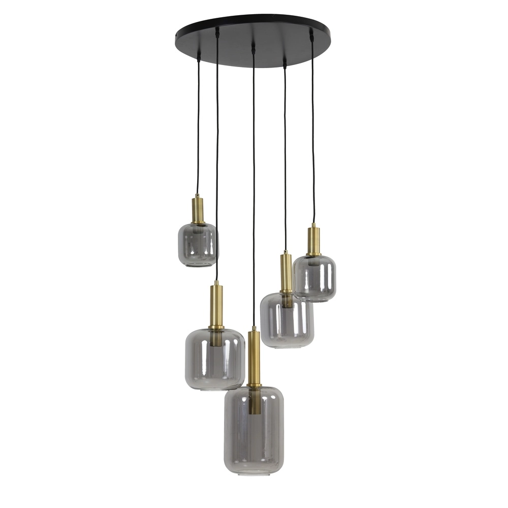 Vide hanglamp Lekar 5x E27 - messing met smoke glas