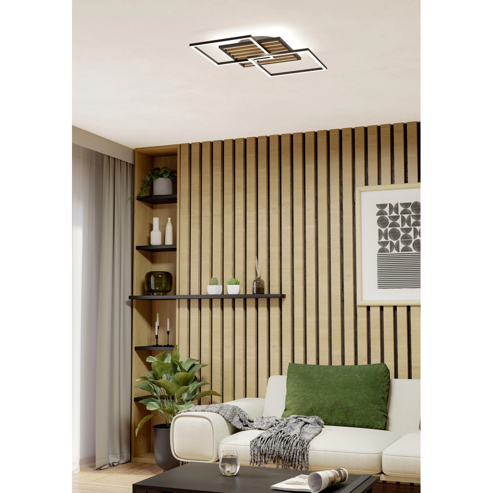 Moderne plafondlamp Cembrano vierkant zwart met hout Eglo 9008606388127