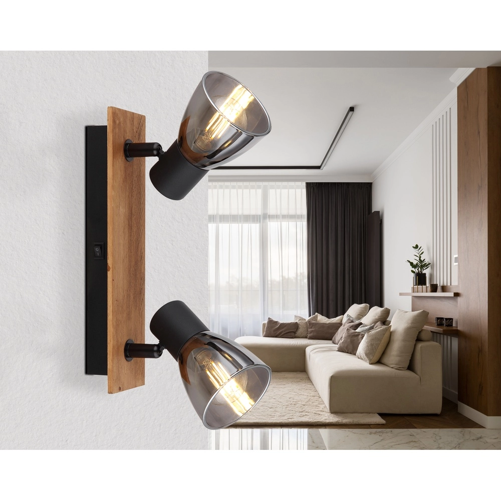 Plafondlamp Claude 2-lichts zwart met hout Globo 9007371443208