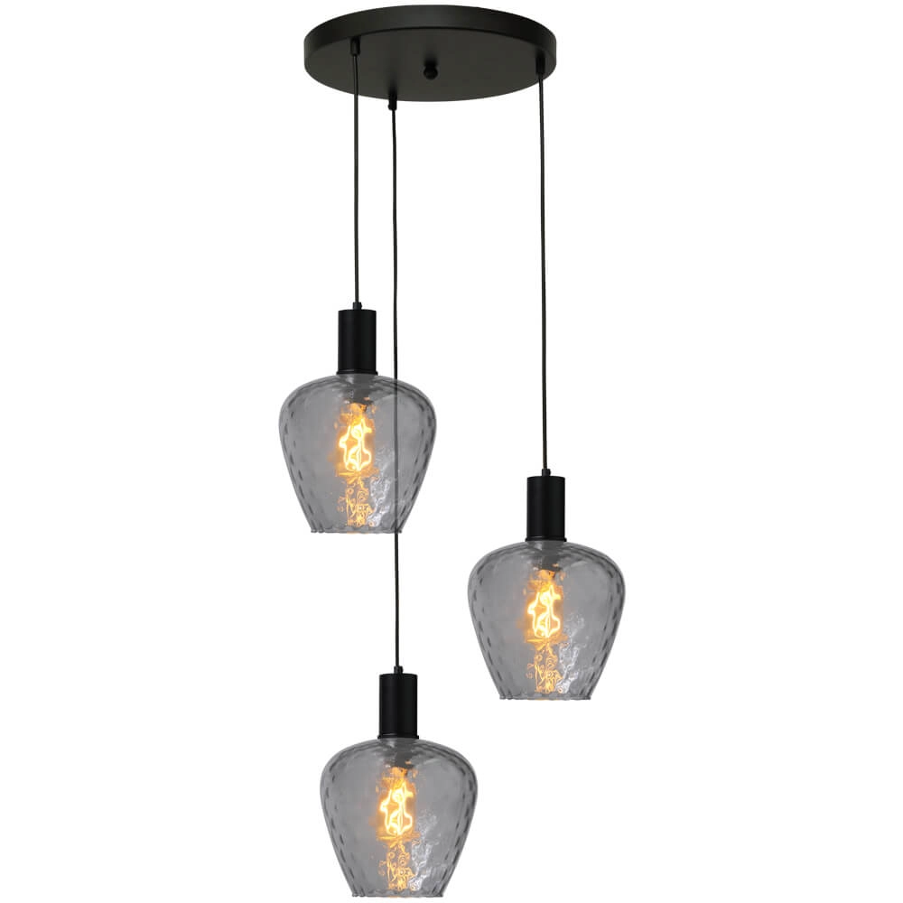 3-lichts vide hanglamp - zwart - Porto met Diamond smoke glazen